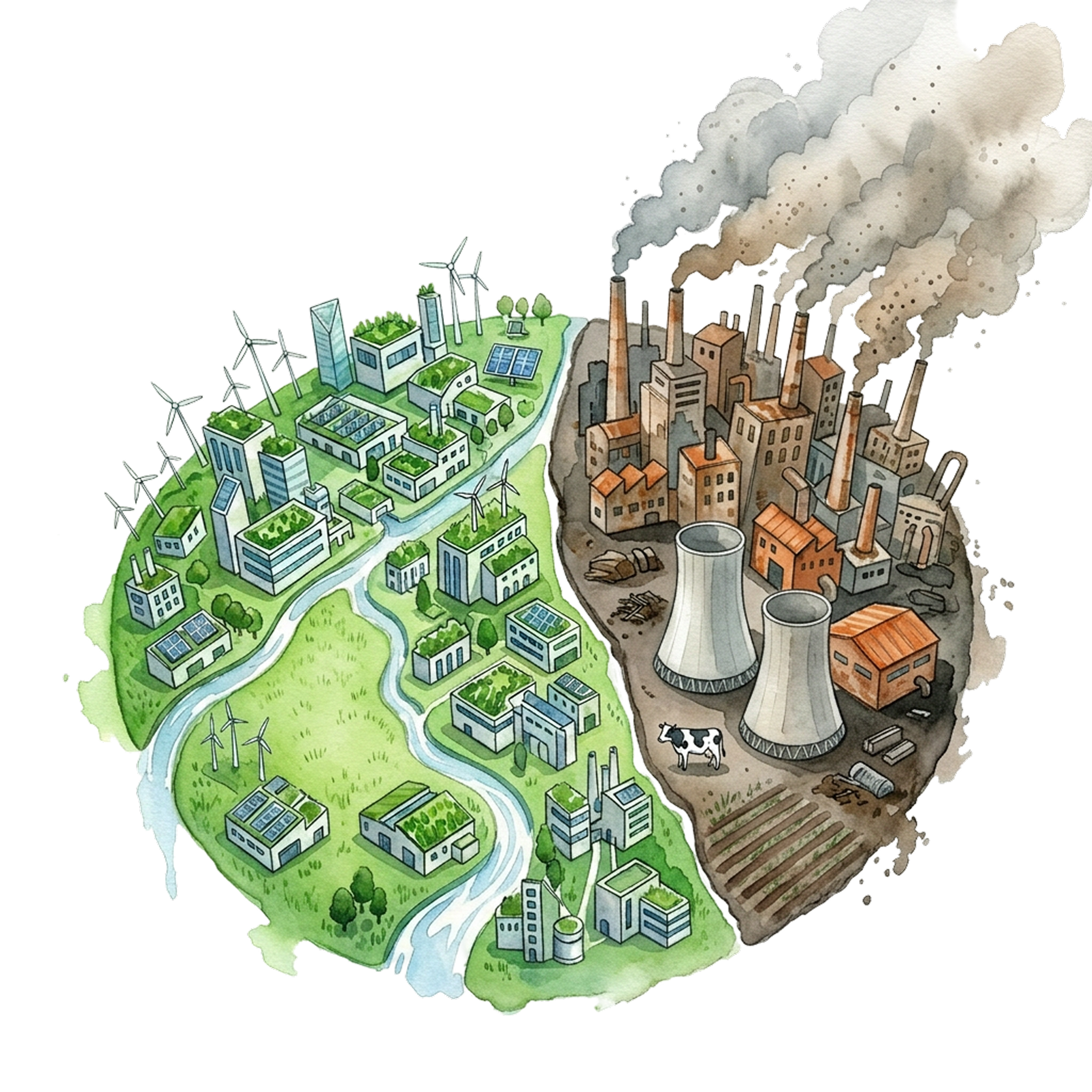 Watercolor comparison of low-carbon and emissions-intensive production